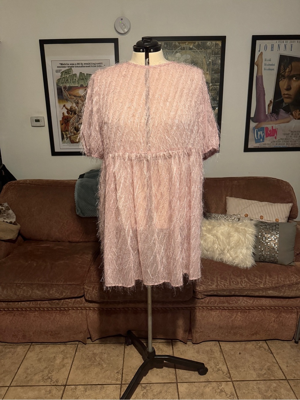 Textured Pink Feather Fringe Mini Dress